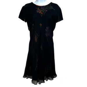 Vintage 90s Bloomingdales Womens 8 Silk Dress Black Floral Mini Sheath Iris
